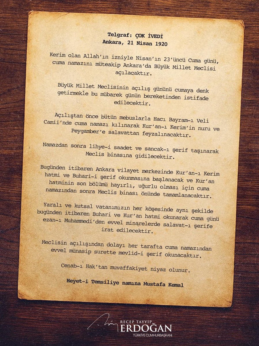 Gazi Mustafa Kemal Atatürk imzasıyla yayınlanan bu metin, bu toprakların ruhunu anlamakta zorlananlara bir hatırlatma, imanla yazılmış kaderine yapılmış tarihi bir davettir.

23 Nisan 1920’de Ankara’da açılan Meclis, Kur’an-ı Kerim tilavetiyle, Buhari hatmiyle, salavatlarla,
