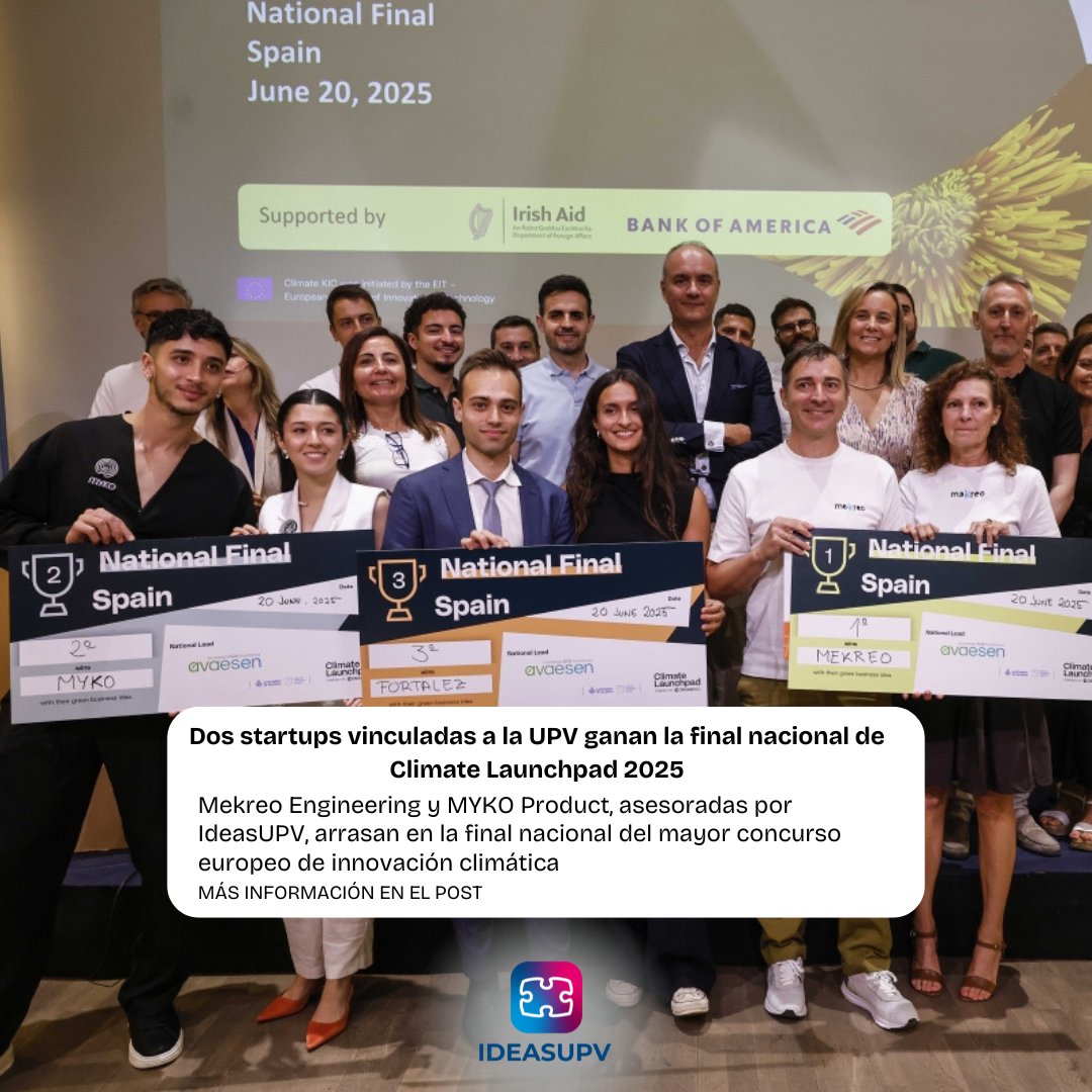 IDEAS UPV (@ideasupv) on Twitter photo 🌱 Emprendimiento con impacto y sello <a href="/UPV/">Universitat Politècnica de València</a>
Mekreo Engineering y MYKO Product, dos iniciativas asesoradas por IDEAS UPV, han logrado el 1.º y 2.º puesto en la final nacional del concurso internacional Climate Launchpad.
Lee la noticia completa: f.mtr.cool/dlxglydymc 🌱 Emprendimiento con impacto y sello <a href="/UPV/">Universitat Politècnica de València</a>
Mekreo Engineering y MYKO Product, dos iniciativas asesoradas por IDEAS UPV, han logrado el 1.º y 2.º puesto en la final nacional del concurso internacional Climate Launchpad.
Lee la noticia completa: f.mtr.cool/dlxglydymc