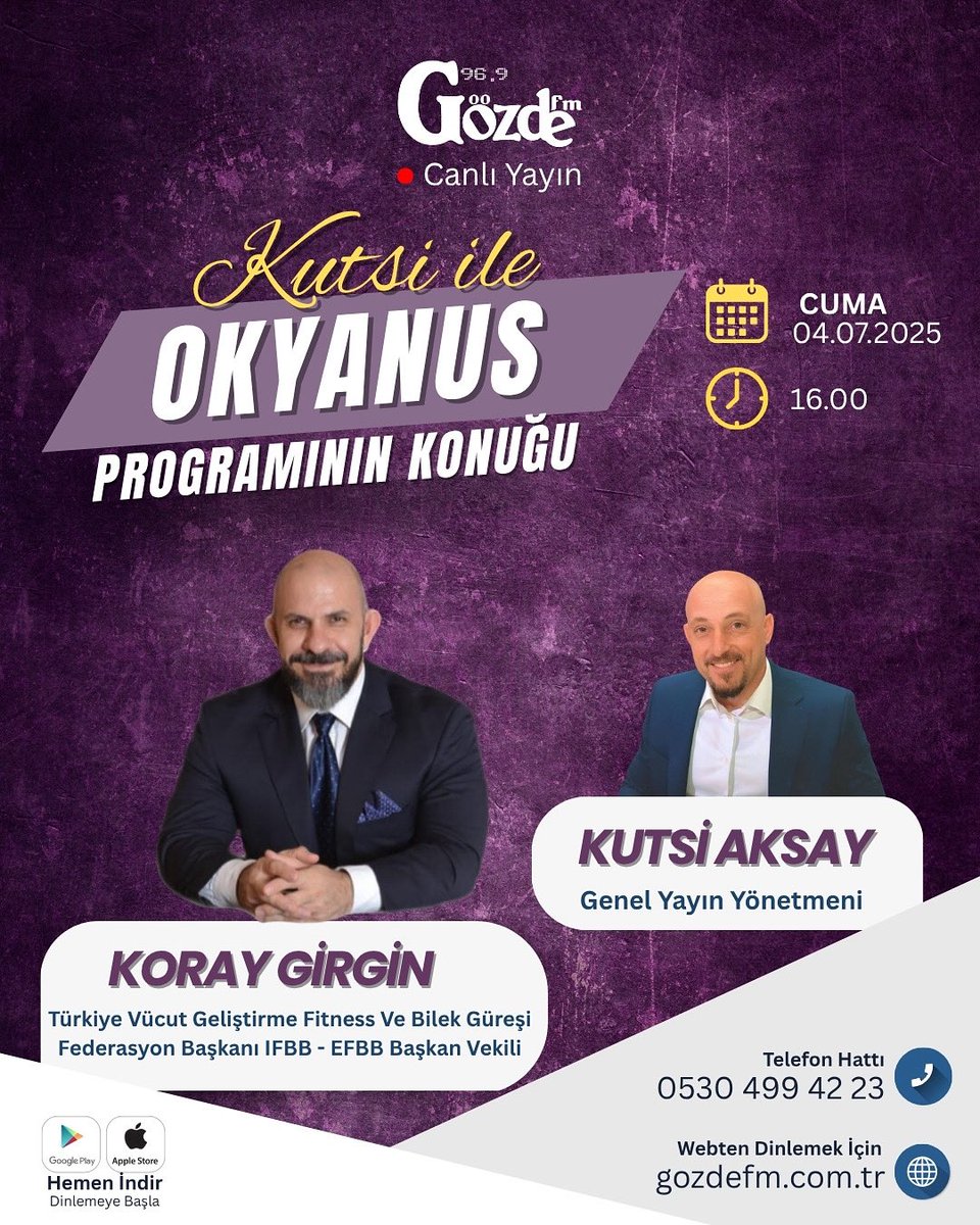 Yarın Cuma günü Yalova Gözde FM de Kutsi ile Okyanus Program konuğu Türkiye Vücut Geliştirme Fitness ve Bilek Güreşi Federasyon Başkanı Koray Girgin olacaktır. 96.9 Frekansından gozdefm.com.tr den Akıllı telefonlarınızda ki Gözde FM Aplikasyonlarınızdan dinleyebilirsiniz