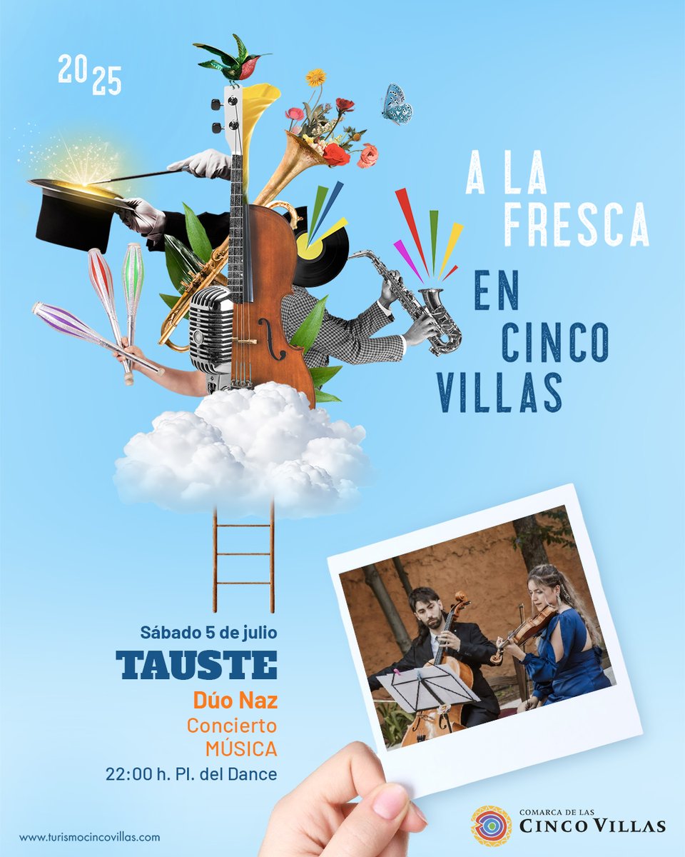 🎭✨ ¡Este sábado 5, ven "A la Fresca" en Cinco Villas!
Disfruta de una jornada cultural llena de arte, música y tradición en varios rincones de nuestra comarca. 🌟

📍 Puendeluna – 19:30h – Pabellón
👵👧 Títeres sin Cabeza

📍 Tauste – 22:00h – Plaza del Dance
🎻 Duo Naz