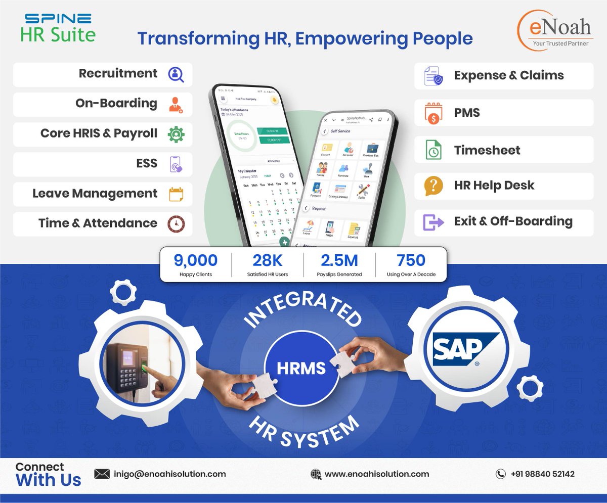 enoahisolution's tweet image. eNoah + Spine HRMS = Smarter Workforce Management! Get a fully SAP-integrated HR system for SMEs &amp;amp; Enterprises. 
✅ Payroll ✅ Attendance ✅ Onboarding ✅ ESS ✅ PMS &amp;amp; More. #SpineHRMS #SAP @SAPB1 #HRTech #eNoah #SMEs #HRTransformation #PayrollAutomation #SAPBusinessOne #HRMS