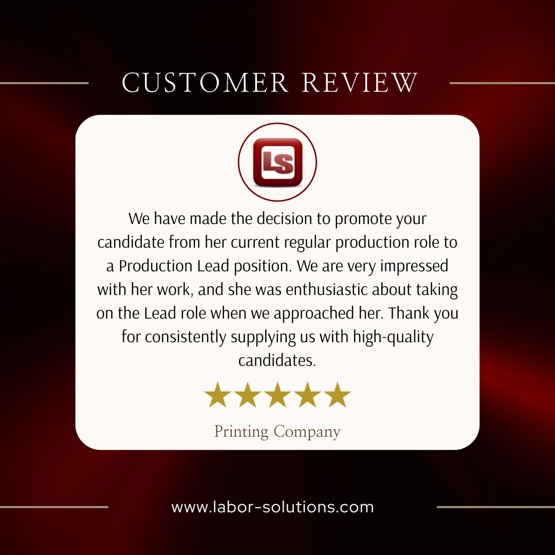 A big thank you to our client for their kind words and trust in our ability to deliver top-notch talent. Here's to more success stories like this! 

Contact us today:
labor-solutions.com/contact/ 

#LaborSolutions #FindTalent #CareerGrowth #ClientSuccess #LeadershipPromotion