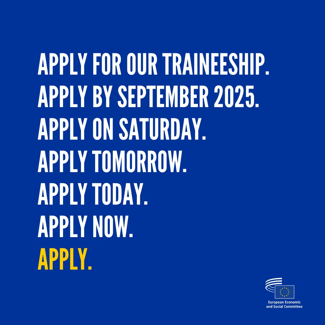 opportunitiesfy's tweet image. 📢 EESC Traineeships 2025/26 open – no age limit! 🌍 For grads &amp;amp; students: 5mo (€1,418) or 1–3mo (50% stipend) in Brussels 🇧🇪. Apply by 30 Sept/31 Mar. 🔗 wp.me/p23f03-av3

#EESC #Internships #EUOpportunities