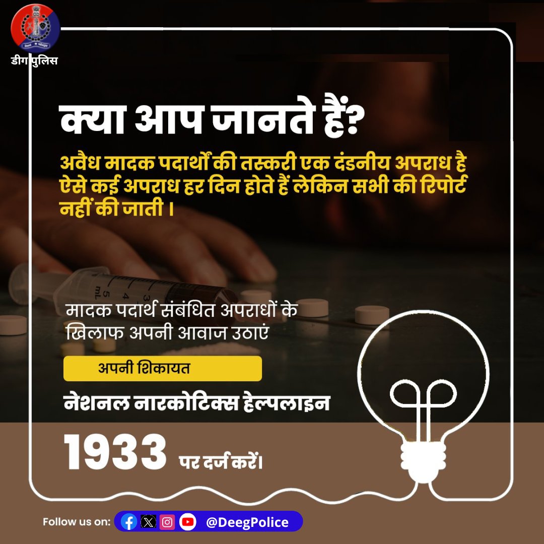मादक पदार्थों की तस्करी है एक दंडनीय अपराध ।

हर दिन होने वाले ऐसे कई अपराधों की रिपोर्ट नहीं की जाती। 

परंतु अब देश का कोई भी नागरिक NCB की #मानस हेल्पलाइन 1933 पर गुमनाम रूप से इन अपराधों की रिपोर्ट कर #नशा_मुक्त_भारत बनाने में मदद कर सकता है। 

#SayNoToDrugs