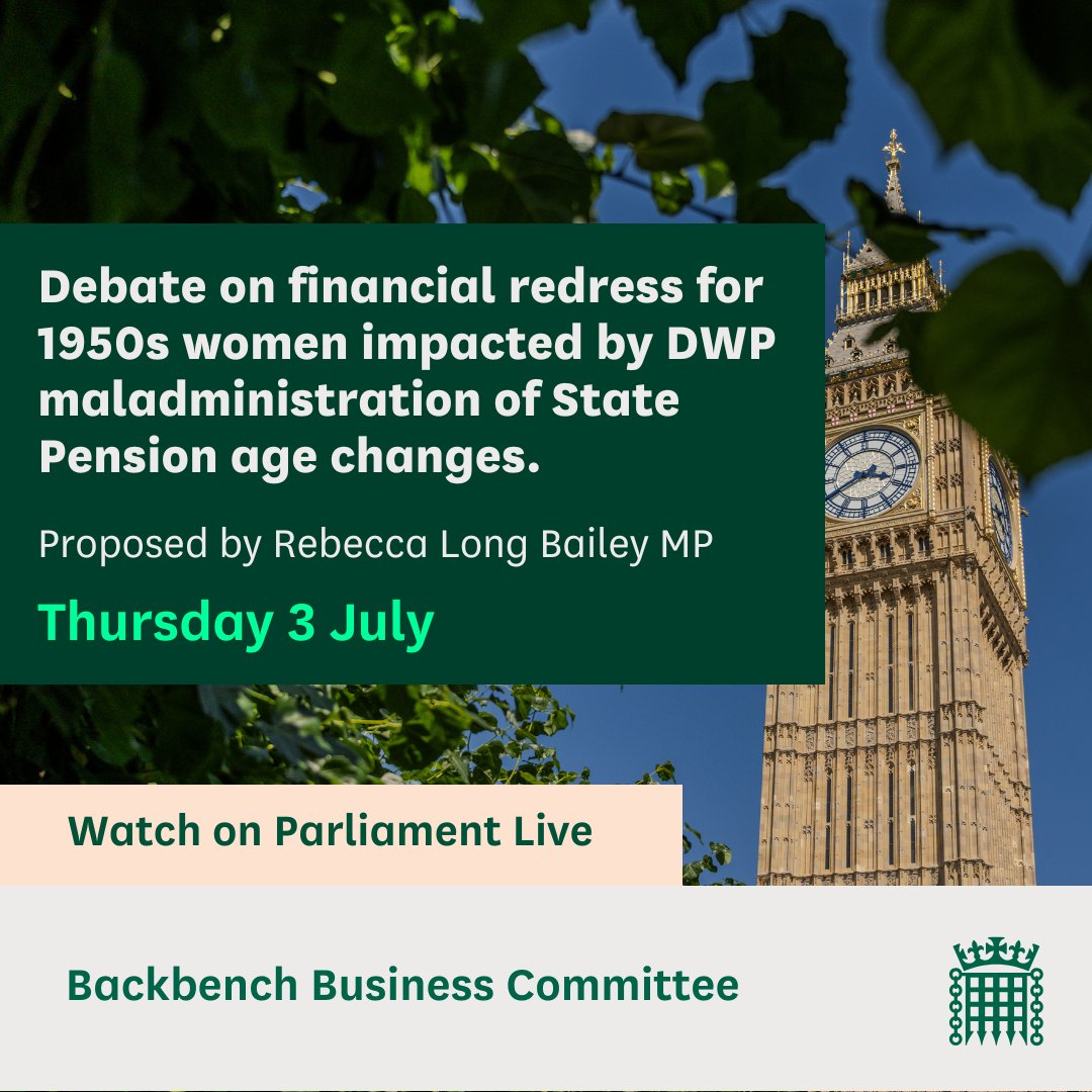 CommonsBBCom's tweet image. MPs are holding a debate on financial redress for 1950s women impacted by Department for Work and Pensions maladministration of State Pension age changes, proposed by @RLong_Bailey
📚Read the @commonslibrary briefing: commonslibrary.parliament.uk/research-brief…
Watch now⬇️ parliamentlive.tv/Event/Index/15…