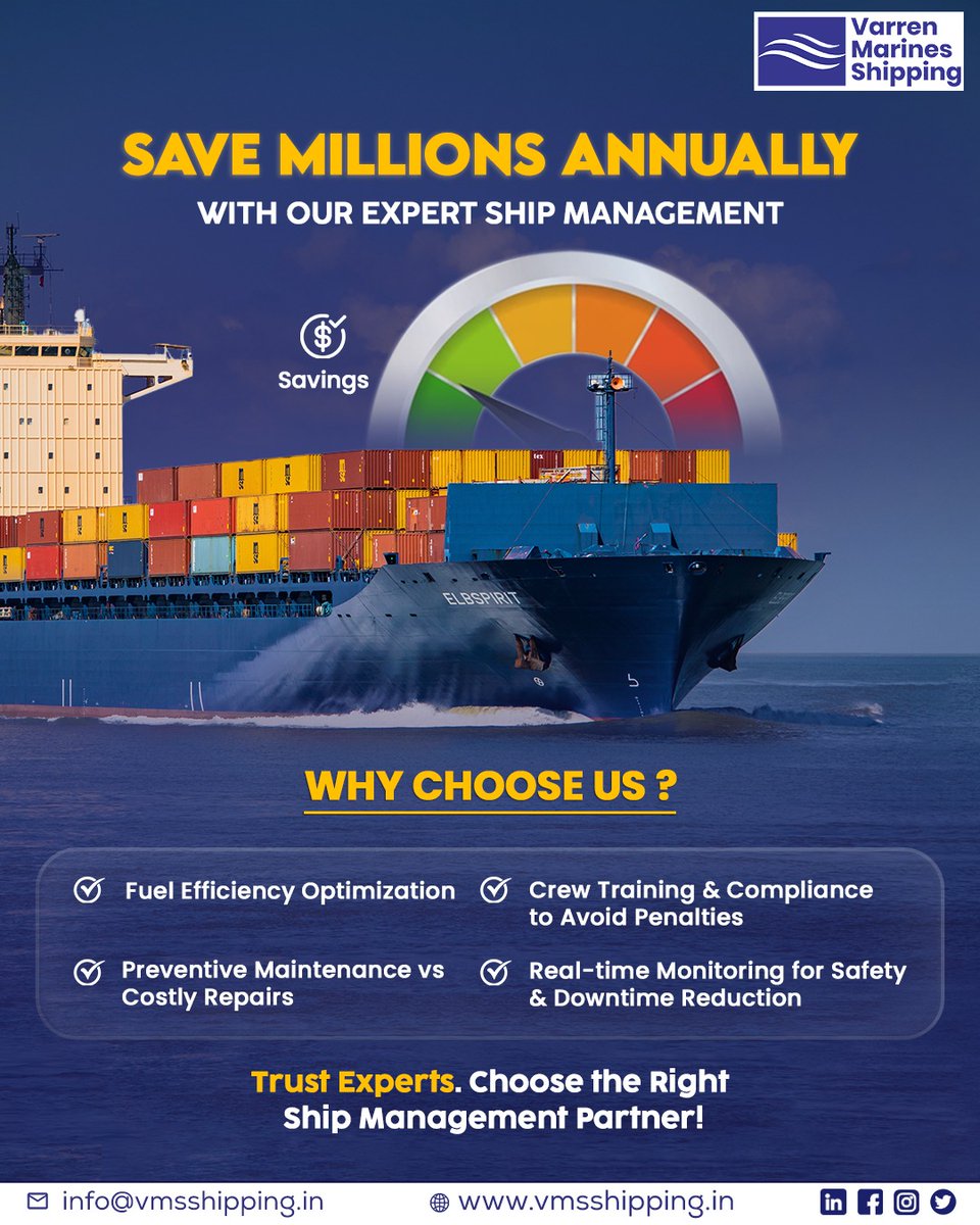 vmsshipping's tweet photo. 💸 Save millions annually with Varren Marines Shipping’s expert ship management solutions! 
Reach out today: info@vmsshipping.in
🌐 https://t.co/nhCmz4bV90

#VarrenMarinesShipping #ShipManagementExperts #ShippingIndustryIndia #FleetEfficiency #MarineOperations #ShippingSolutions https://t.co/yUz6Hx7o2F
