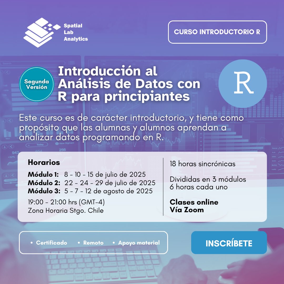 Nuestrx expertx <a href="/bastimapache/">Bastián Olea 🌸</a> Te invita a:
2da Versión "Introducción al Análisis de Datos con #R para Principiantes".
Desde el 08 de Julio / 19 horas 🇨🇱
spatiallab.cl/2da-version-cu…