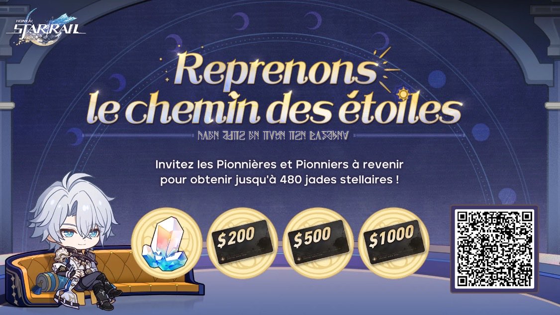 NikolasMnn's tweet photo. Durant l'événement web, vous pourrez inviter des Pionnières et Pionniers de retour pour recevoir des jades stellaires, des cartes-cadeaux et d'autres récompenses surprises. https://t.co/hn8vvdgwbu