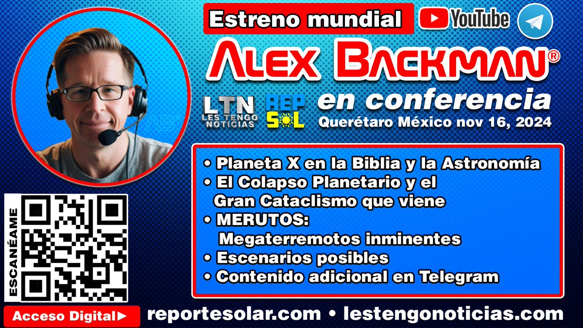 alexbackman619's tweet photo. 🔈 ¡ESTRENO MUNDIAL!
Alex Backman en conferencia • Querétaro México • Disponible por Youtube y Telegram • Obtén tu acceso permanente en https://t.co/hX3vfsXROA o https://t.co/rFqNF12Bra #AlexBackman #conferencia #planetax #terremotos #climaespacial https://t.co/PmpTk2xza6