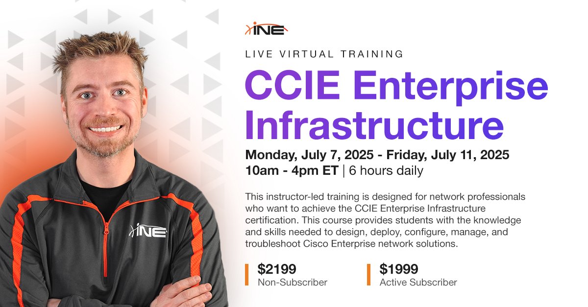 ine's tweet image. 🚨 LAST CHANCE: #CCIEEnterpriseInfrastructure with Brian McGahan
Training starts July 7th - register now: bit.ly/45LHq7o

Master the essentials:
✅ Advanced routing
✅ Enterprise VPN &amp;amp; SD-WAN technologies
✅ DNA Center &amp;amp; SD-Access
✅ Network automation strategies