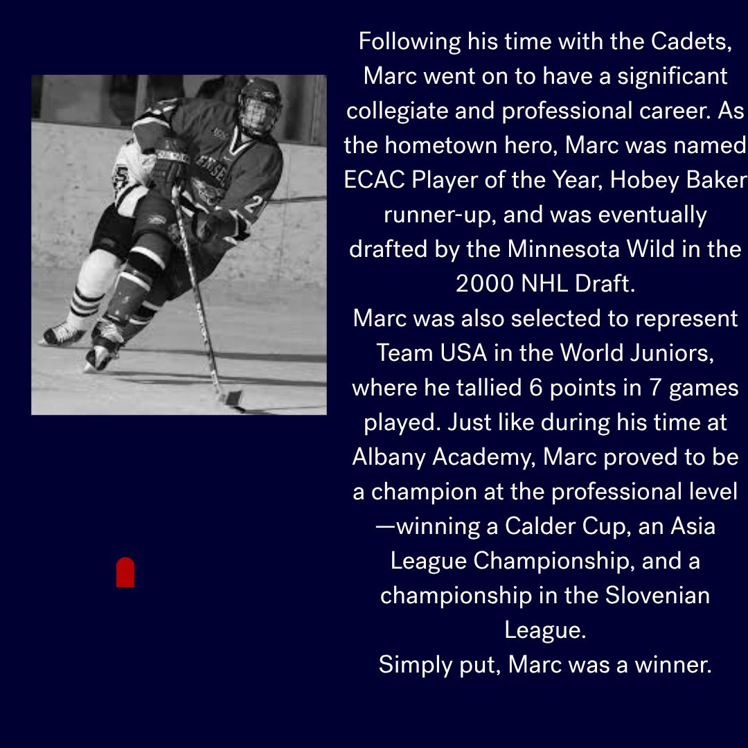 Our next player spotlight is one of our many hometown heroes, Marc Cavosie! Marc played a key role in the Cadets first NEPSAC Championship in our first year in the league, going on to be a Hobey Baker Finalist at RPI and a  draft pick of the Minnesota Wild in the 2000 NHL Draft!