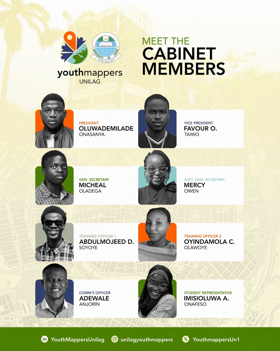 🌍 Meet the Faces Behind UNILAG YouthMappers! 🌟

We’re thrilled to introduce you to the dynamic team leading UNILAG YouthMappers this year! 🚀 Meet our passionate executives who are dedicated to fostering geospatial learning and community impact at UNILAG and beyond.