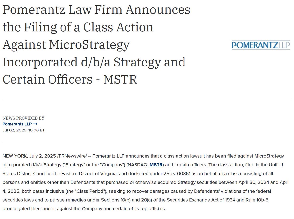 NEW: Pomerantz LLP files class action lawsuit against Strategy, alleging it  misled investors about the profitability and risks of its Bitcoin  investment strategy.
