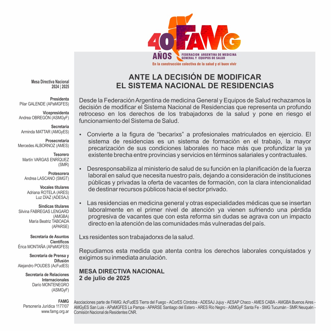 FAMedGral's tweet photo. La Federación Argentina de Medicina General y Equipos de salud ante el reglamento 2109/2025 que modifica el Sistema Nacional de Residencias. https://t.co/n6V88VwU6g
