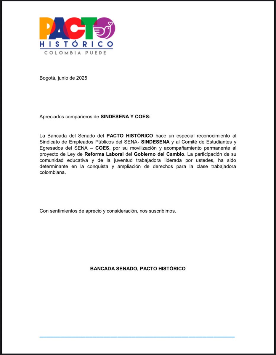 Wilson Arias (@wilsonariasc) on Twitter photo ¡Había que decirlo!
 
La bancada del Pacto Histórico hace un reconocimiento a SINDESENA y al Comité de Estudiantes y Egresados del SENA – COES,  por su acompañamiento permanente al proyecto de ley de reforma laboral para bien de la clase trabajadora colombiana. 
Muchas gracias👇🏾 ¡Había que decirlo!
 
La bancada del Pacto Histórico hace un reconocimiento a SINDESENA y al Comité de Estudiantes y Egresados del SENA – COES,  por su acompañamiento permanente al proyecto de ley de reforma laboral para bien de la clase trabajadora colombiana. 
Muchas gracias👇🏾