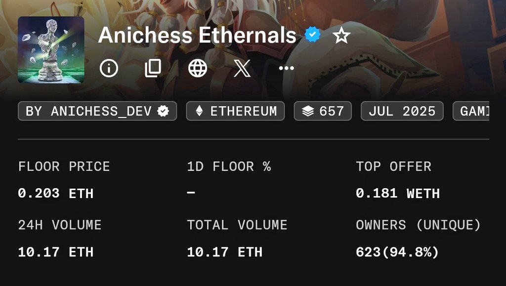 😱 WL Users Mint Anichess NFT Now 

👉 anichess.com/ethernals

📈 Floor Price 0.2 ETH+ [ opensea.io/collection/ani… ]