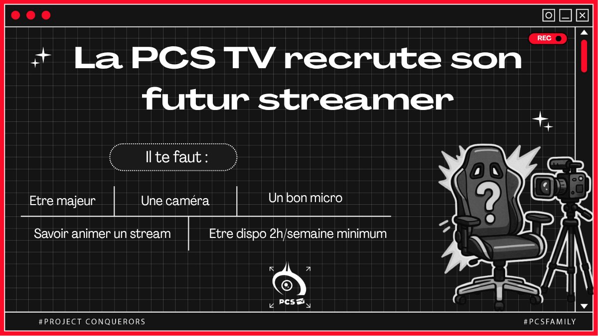 Project Conquerors (PCS) (@pcs_original) on Twitter photo 🔴| PCS RECRUTE |⚫️
🎥 Tu es streamer débutant ou confirmé et tu veux t’épanouir au sein d’une vraie team passionnée ?
➡️ PCS recrute son/sa futur·e streamer·euse !
Les prérequis :
✅ Être majeur
✅ Avoir une caméra
✅ Un bon micro (pour qu’on t’entende bien râler sur le chat 🔴| PCS RECRUTE |⚫️
🎥 Tu es streamer débutant ou confirmé et tu veux t’épanouir au sein d’une vraie team passionnée ?
➡️ PCS recrute son/sa futur·e streamer·euse !
Les prérequis :
✅ Être majeur
✅ Avoir une caméra
✅ Un bon micro (pour qu’on t’entende bien râler sur le chat