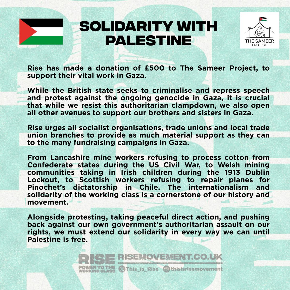 Rise (@this_is_rise) on Twitter photo Rise has made a donation to support the essential work of <a href="/sameerproject/">The Sameer Project</a> in Gaza - we would urge all socialist groups, trade unions, local trade union branches, tenant unions and other groups to make donations too - solidarity on every front, until Palestine is free 🇵🇸✊ Rise has made a donation to support the essential work of <a href="/sameerproject/">The Sameer Project</a> in Gaza - we would urge all socialist groups, trade unions, local trade union branches, tenant unions and other groups to make donations too - solidarity on every front, until Palestine is free 🇵🇸✊
