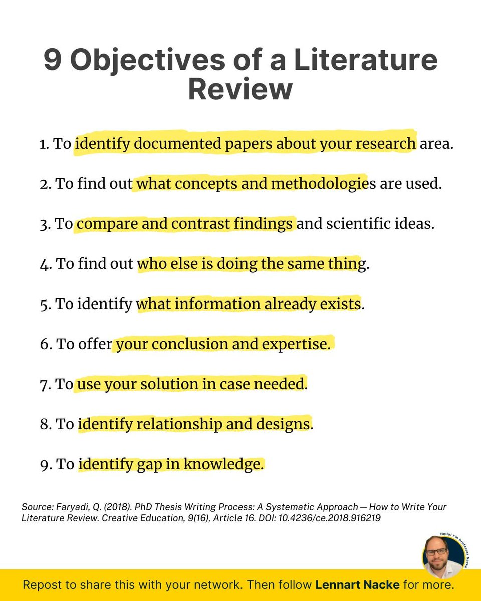 I've mentored 100s of graduate students over 15 years as a professor.

The secret to a bulletproof literature review?

9 objectives every literature review needs:

1. To identify documented papers about your research area.
2. To find out what concepts and methodologies are used.