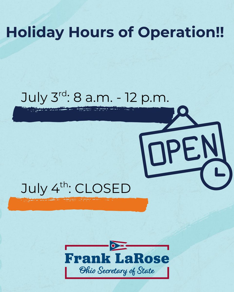 In observance of Independence Day, our Client Service Center will have adjusted hours this week:

🕗 Thursday, July 3 – Open from 8:00 AM to 12:00 PM
🚫 Friday, July 4 – Closed for the holiday

Online services are still available at OhioSoS.gov, and we’ll resume