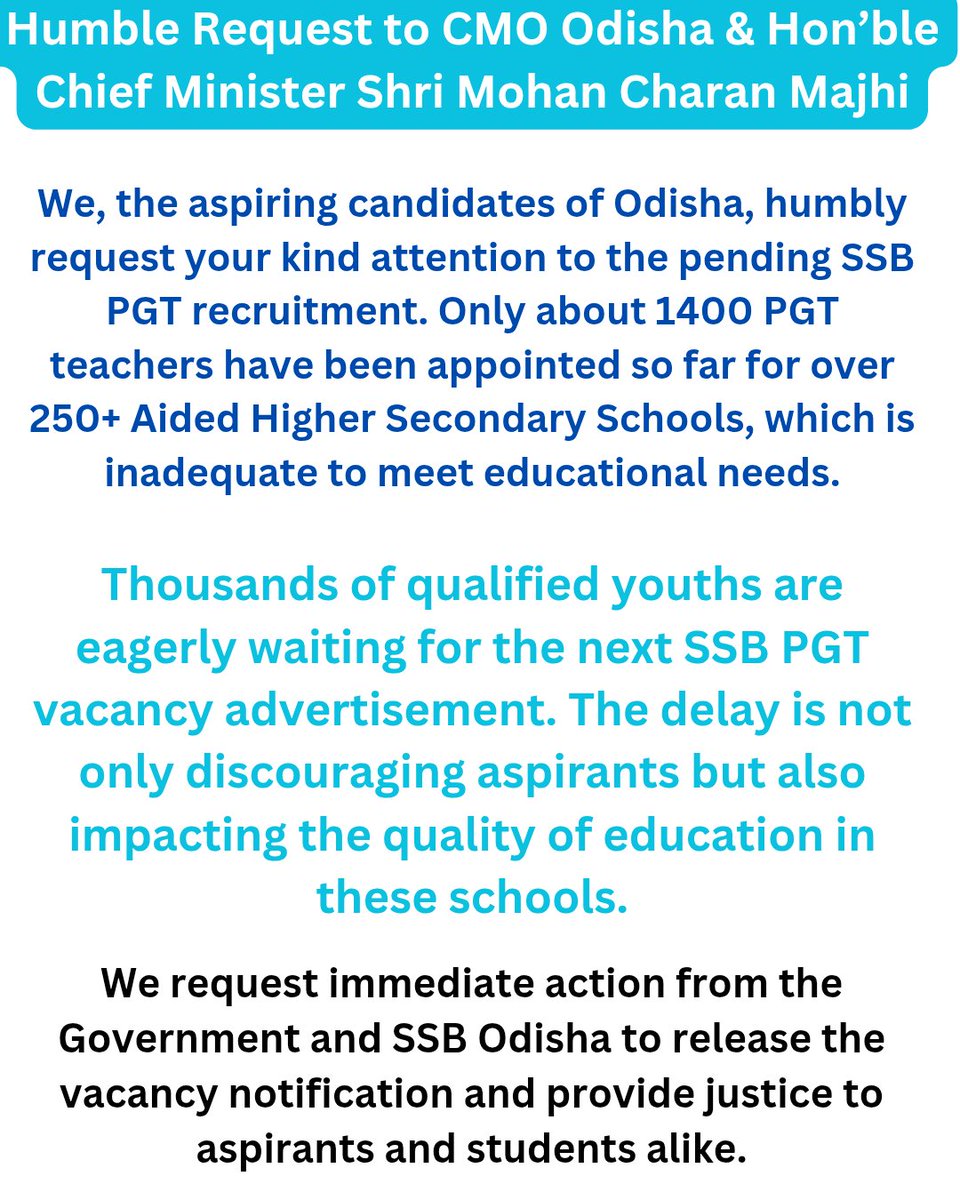 0dishaGyana's tweet photo. Appeal to Hon’ble Chief Minister Shri Mohan Charan Majhi &amp; CMO Odisha, Respected Sir,
Thousands of aspirants are still waiting for SSB PGT vacancy advertisement.Please take urgent steps to release new vacancies and strengthen education. 🙏 @NityanandaBJP @SMEOdisha https://t.co/0rAKoXpalP