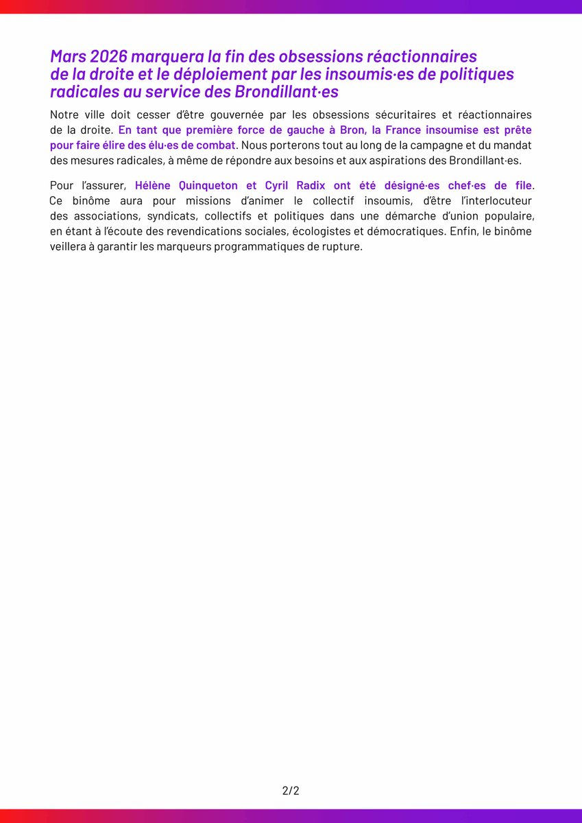 🔴 Municipales à Bron : Hélène Quinqueton et Cyril Radix désigné·es chef·fes de file.

Retrouvez notre communiqué ⤵️