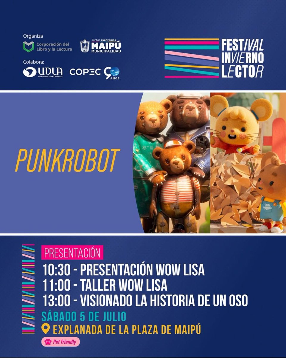 Punkrobot Studio (@punkrobotstudio) on Twitter photo Este sábado vamos a estar en Festival Invierno Lector de <a href="/Muni_Maipu/">Municipalidad de Maipú</a> con nuestra nueva serie y con el corto Historia de un Oso. Vamos a estar toda la mañana, vengan a saludar! Este sábado vamos a estar en Festival Invierno Lector de <a href="/Muni_Maipu/">Municipalidad de Maipú</a> con nuestra nueva serie y con el corto Historia de un Oso. Vamos a estar toda la mañana, vengan a saludar!