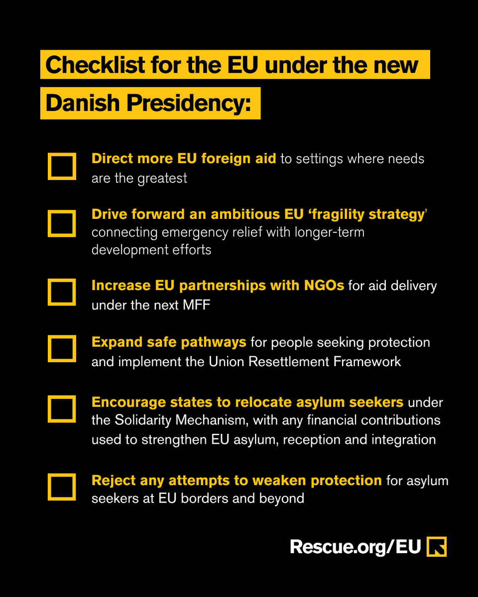 As Denmark kicks off its 🇪🇺 Presidency this week, the EU has a golden opportunity to better support people caught in the crosshairs of conflict, climate change, economic crisis.

Here are six key priorities that should be high on its agenda ↓
