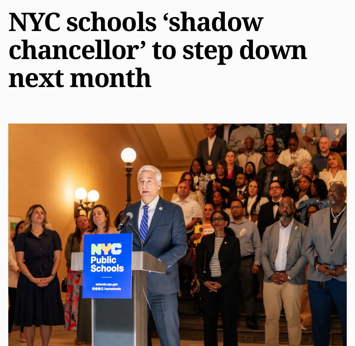 InnaVernikov's tweet photo. This is great news — this guy was notorious for sweeping antisemitism at @NYCSchools under the rug and then letting the DOE admin hide behind his Judaism as an excuse. Completely sick to pretend everything is peachy while Jewish students and staff were made to feel unsafe in their own schools. 

Let’s hope they replace him with someone useful who won’t diminish further reports of antisemitic incidents. You KNOW we’ll be watching! 👀