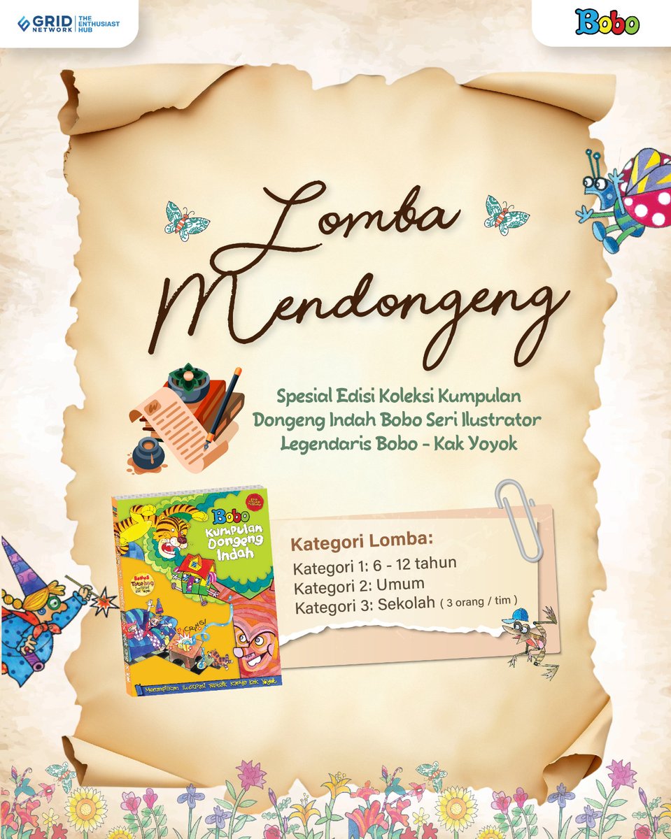 Tunjukkan kehebatan dongengmu di Kompetisi Mendongeng Majalah Bobo spesial Edisi Koleksi Kumpulan Dongeng Indah Terbaik Bobo!
Lomba ini terbuka untuk anak-anak, remaja hingga dewasa, lho!