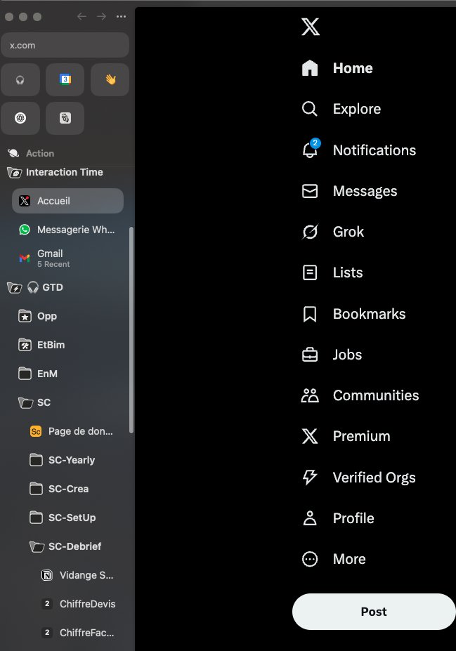 AdrienCressin's tweet photo. I think the side bookmark bar on @arcinternet is an underrated productivity hack.

All my workflows are saved, directly on the good window (already logged on the good page).
The file is kept open, to switch easily.

eg
Working on Client B/workflow A : all windows at one clic. https://t.co/0yXmVlLy0B