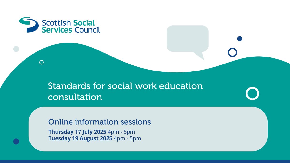 We’re hosting two online information sessions to support our consultation on the Standards for Social Work Education: 
- Thursday 17 July, 4-5pm 
- Tuesday 19 August, 4-5pm 
 
Book you place:  sssc.uk.com/about-us/consu…
