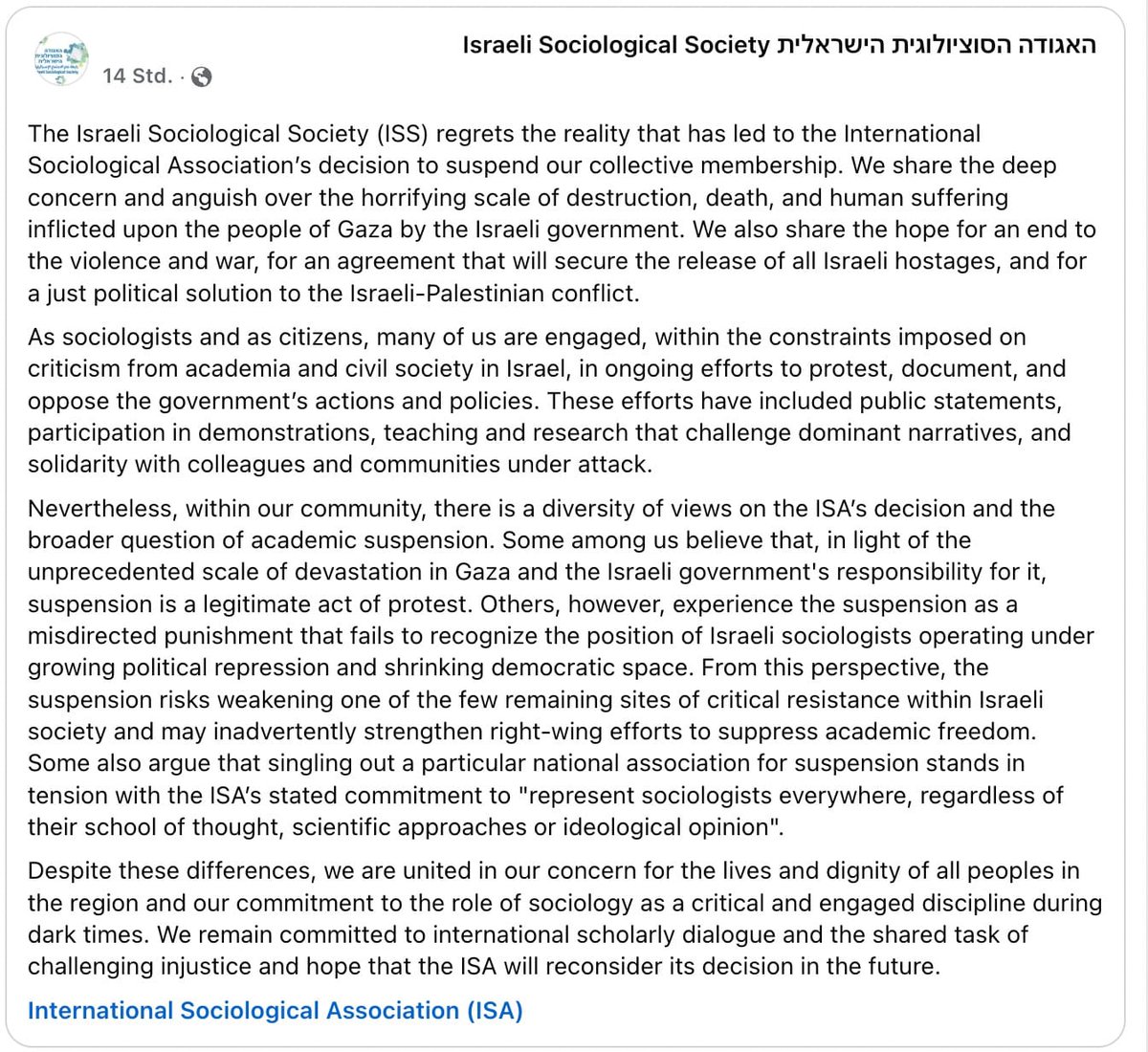 Hier ist die Reaktion der Israeli Sociological Society auf die Entscheidung der International Sociological Association: