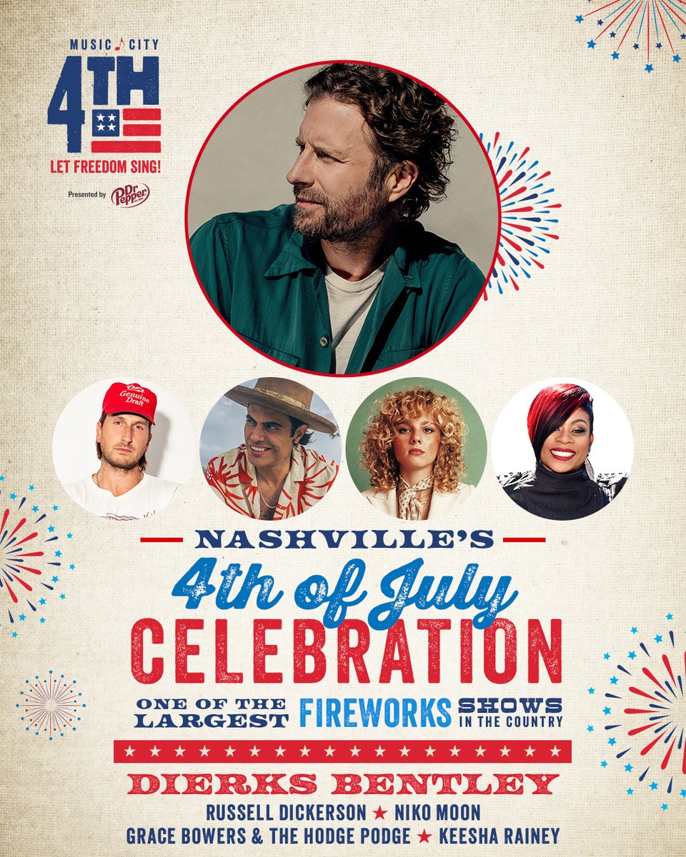 It wouldn't be #NashvilleJuly4 without live music! We can't wait to watch <a href="/keesharainey/">Keesha Rainey</a>, @grace_bowers, <a href="/nikomoon/">Niko Moon</a>, <a href="/russelled/">Russell Dickerson</a>, and @dierksbentley take the @jackdaniels_US Broadway stage! 🎸 🎶