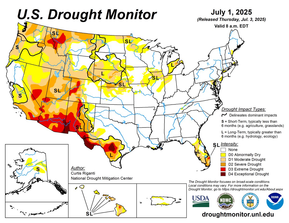 US Drought Monitor 7-3-25

For the 50 states and Puerto Rico, the US Drought Monitor shows 27.3% in moderate drought or worse, compared to 25.83% last week.

#droughtmonitor #drought #drought2025