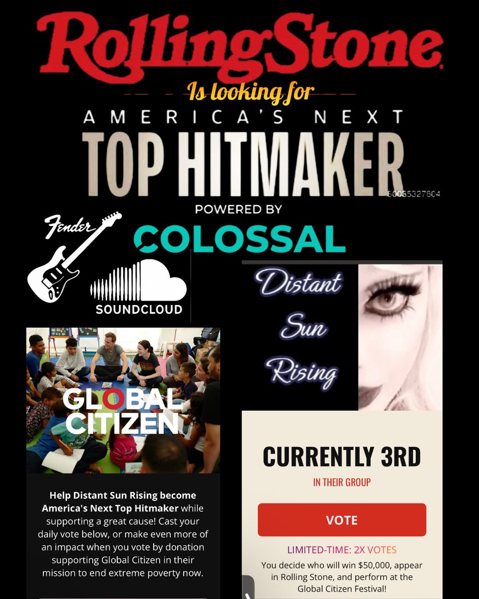 DistantRising's tweet image. ⭐️GO VOTE!! tophitmaker.org/2025/distant-s… Distant Sun Rising | America's Next Top Hitmaker. One Free Vote, $10 &amp;amp; Up For More. 2 for 1 Votes NOW. A small donation could put us in first place. Thank you for your love and support.
M♥️
#RollingStone #NextTopHitmaker
#GlobalCitizenFestival…