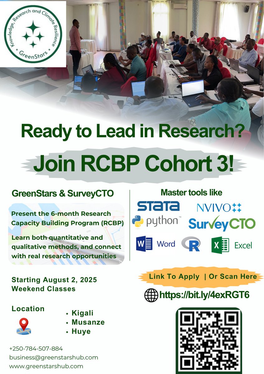 GreenStarzHub's tweet image. Advance your analytical skills with GreenStars!
Join our cohort 3, starting on August 2, 2025, in Kigali, Musanze, and Huye.

🔗 Apply now: bit.ly/4exRGT6