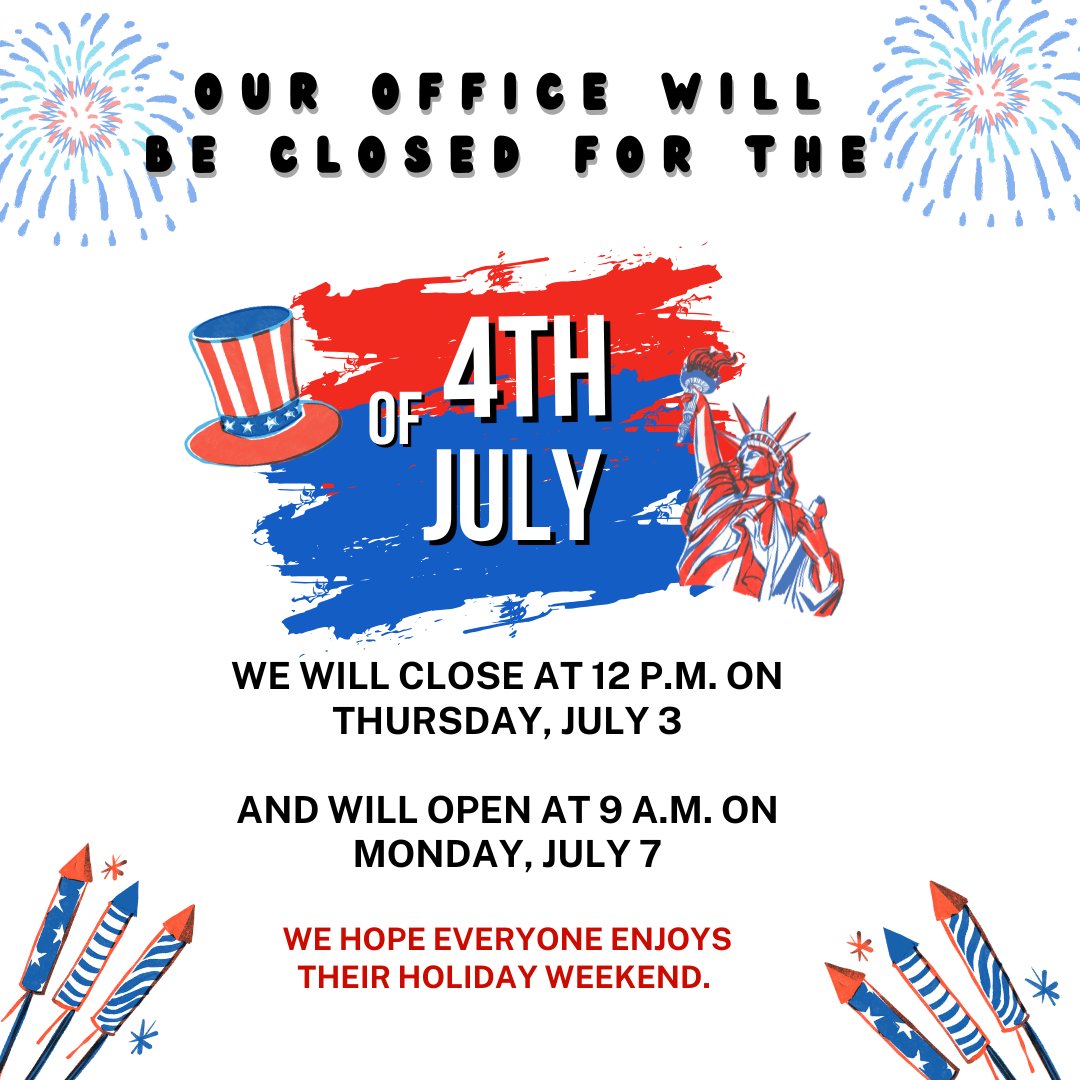 OSBehavioral's tweet photo. 🎆 Holiday Hours Update 🎆

In celebration of the holiday weekend, Ocean State Behavioral will be closing today at 12:00 PM to give our amazing team extra time to enjoy with family and friends.

We will reopen Monday, July 7 at 9 AM with regular business hours. https://t.co/dh3s3CH8gN