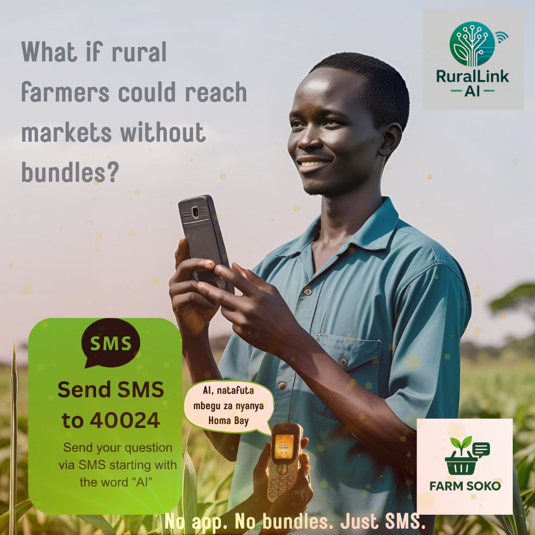 Rurallink_AI's tweet photo. You don’t need bundles to reach a market.

You just need this ➡️ SMS

Rural farmers in Kenya are using #RuralLinkAI to grow businesses  no internet required.

This is what real innovation looks like.

#OfflineTech #FarmSoko #TechForGood #AIforAfrica https://t.co/OzrMF5X3Ek