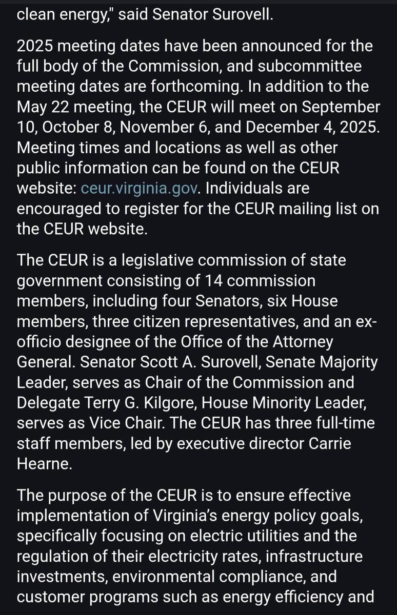 Virginia's Commission on Electric Utility Regulation releases its 2025 workplan.

Atop the list - "Analyze Affordability Issues in Appalachian Power Company (APCo), Dominion Energy Virginia, and Electric Cooperative Utility territories"

linkedin.com/posts/carriehe…