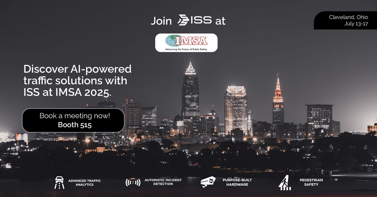 🔍 Looking to upgrade your city’s traffic and pedestrian safety systems?
Join ISS at IMSA 2025 in Cleveland, Ohio, and discover how our solutions like SecurOS® Soffit and Intellisection™ help municipalities:
📅 July 13–17, 2025
🔗 Book a meeting: calendly.com/issivs/meeting…
