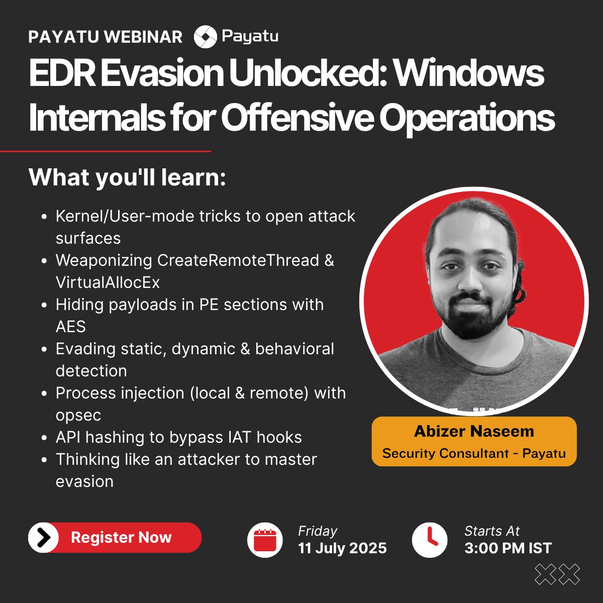 payatulabs's tweet image. WEBINAR ALERT: EDR Evasion Unlocked: Windows Internals for Offensive Operations | Payatu

🗓️ 11th July, 3 PM IST

🔗 Register here: lnkd.in/dwDXQjcS

#EDREvasion #RedTeam #CyberSecurityWebinar #MalwareAnalysis #WindowsSecurity #Payatu #InfoSecWebinar