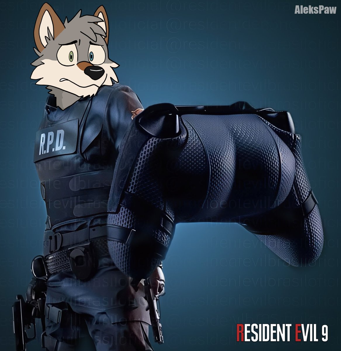 AleksPaw_'s tweet photo. Leon can’t decide which is worse zombies or furries. In #ResidentEvil9, the Furry Plague will sweep through the city and your controller too. Ready? #LeonKennedy #ResidentEvil #furry (changed the meme to a furry version) https://t.co/DeQswRHFxq