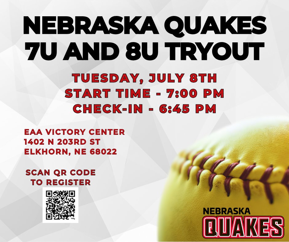 Nebraska Quakes 7U and 8U tryout happening Tuesday, July 8th!  Spots available on teams for both ages.

Register here:  bit.ly/4l7Vhtn