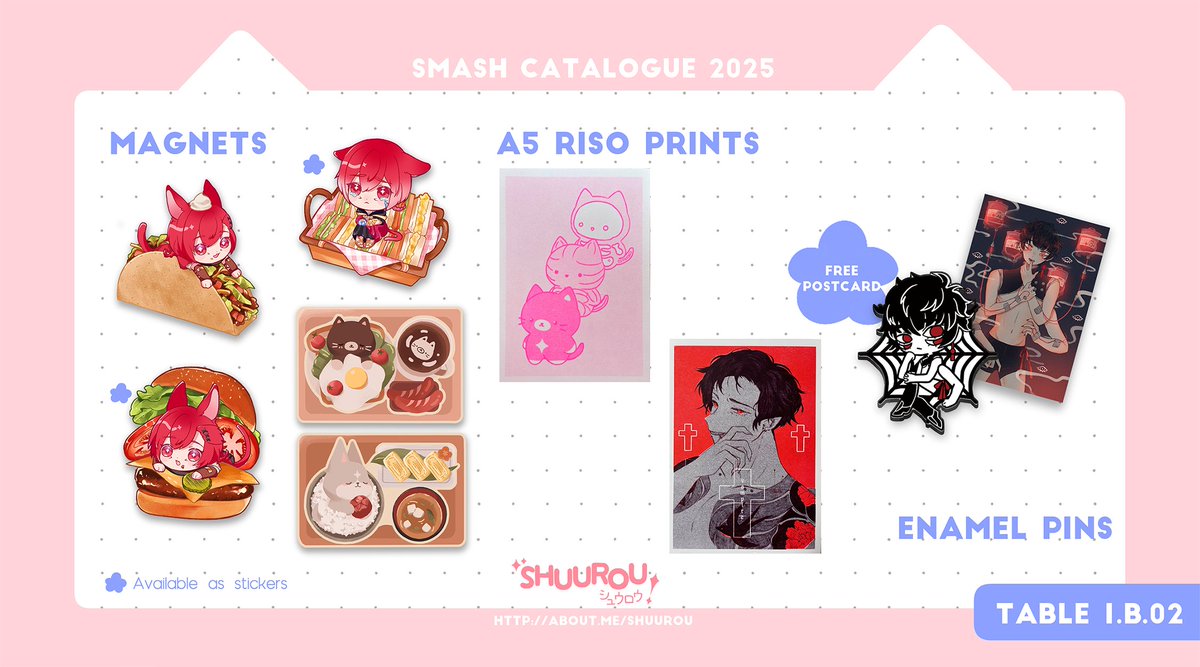 Reupload bc i forgot my plush badges 🤡

My catalogue for SMASH, see you at table 1.B.02 (on level 1)!

Shares appreciated💌

#smashcon2025 #smashcon