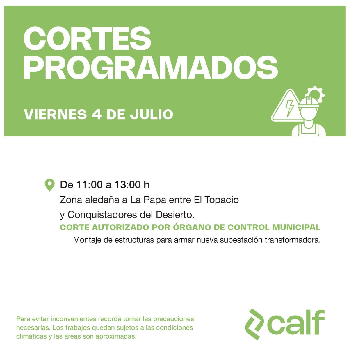 Calf informa los cortes programados para este viernes 4 de julio.
#Calf #Neuquen