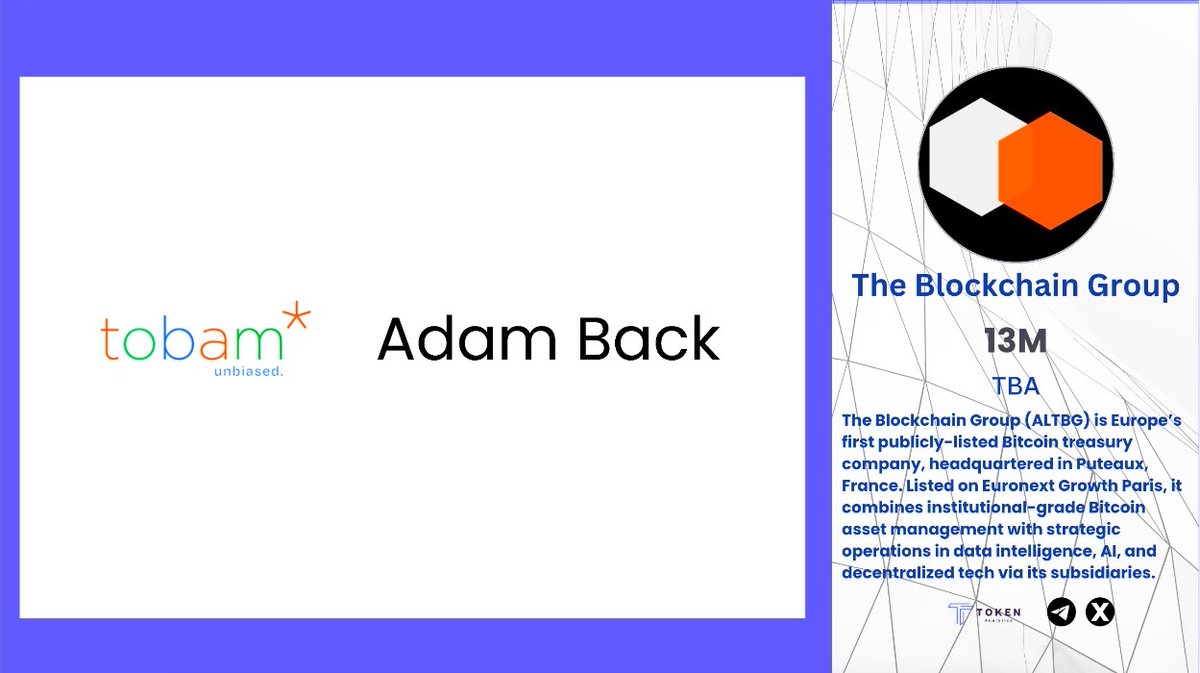 TokenAnalytics_'s tweet photo. 🚀 THE BLOCKCHAIN GROUP RAISES $13M IN FUNDING ⚡️
📑 @_ALTBG is a next-gen Bitcoin treasury company focused on optimizing and securing long-term BTC holdings for institutions.
🤝 Backed by renowned investors:
🔹 #TOBAM – a global asset management leader
🔹 @adam3us – CEO of @Blockstream and Bitcoin pioneer
💼 This strategic raise aims to expand treasury services and boost institutional adoption of Bitcoin.
👉 Full details: https://t.co/pr7StQKXg0…
❓ Will Bitcoin treasury management become the next big institutional trend? 💭