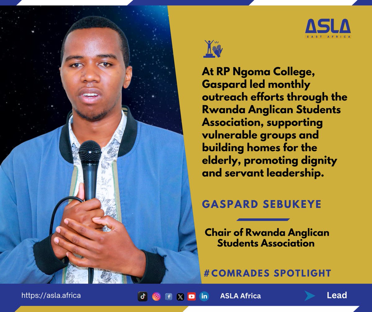 aslaafrica's tweet image. Meet Gaspard Sebukeye, a servant leader driven by faith and cultural understanding. As former President of the Rwanda Anglican Students Association (RASA), he led monthly outreaches supporting vulnerable families and students.
#ASLAComradeSpotlight #FaithInAction