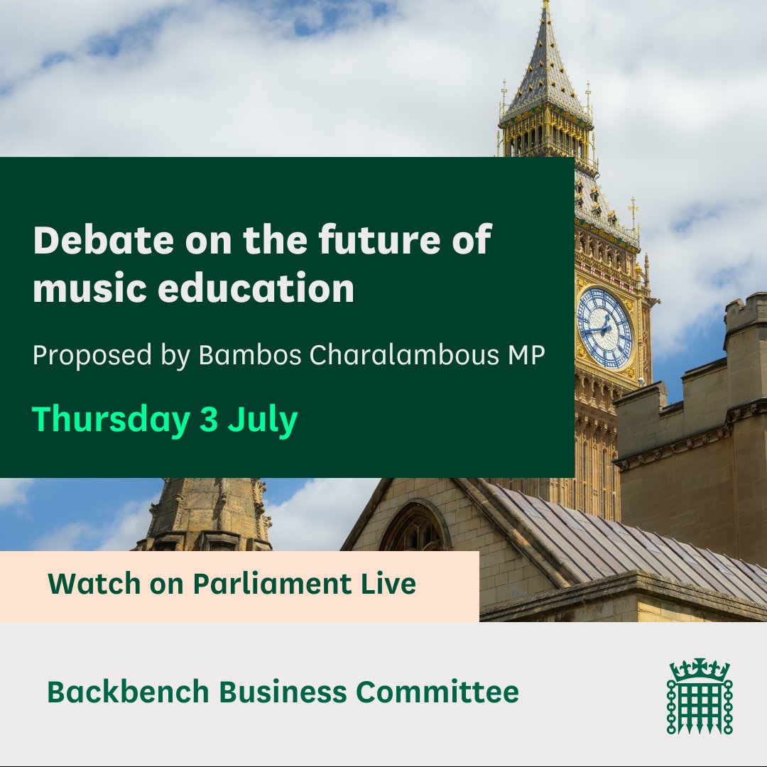 CommonsBBCom's tweet image. In Westminster Hall, MPs are holding a debate on the future of music education, put forward by @BambosMP
📚Read the @commonslibrary debate pack: commonslibrary.parliament.uk/research-brief…
📺Watch on Parliament live: parliamentlive.tv/Event/Index/df…