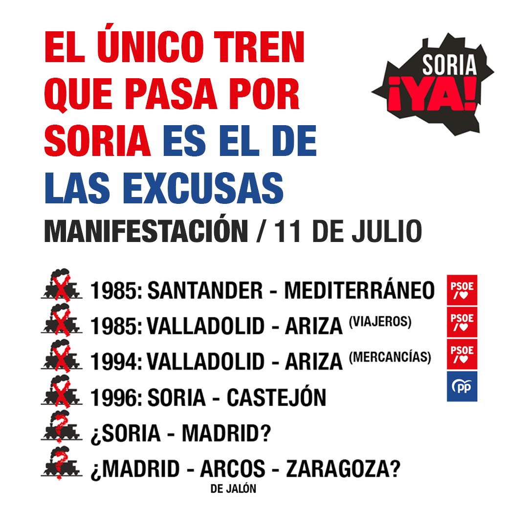 SoriaYa's tweet photo. Porque el cierre de líneas, el recorte de servicios ferroviarios tiene responsables 🔴🔵

📢 MANIFESTACIÓN EN DEFENSA DEL FERROCARRIL EN SORIA

📆 Viernes 11 de julio 
⏰ 20:00h
📍 Plaza Mariano Granados

El único tren que pasa por Soria es el de las excusas

¡Contamos contigo! https://t.co/NxHagW7kG3